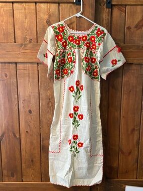 Vintage Cream Maxi Dress with Red & Green Floral Crewel Embroidery